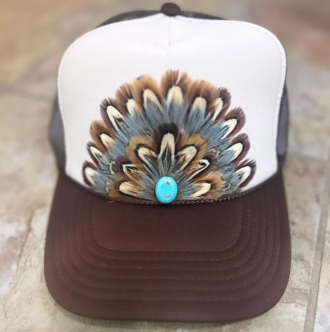 Brown/cream Feathered Trucker, Feather Trucker Hat, Cowgirl Hat, Feather Hat, Country Concert Hat... | Etsy (US)