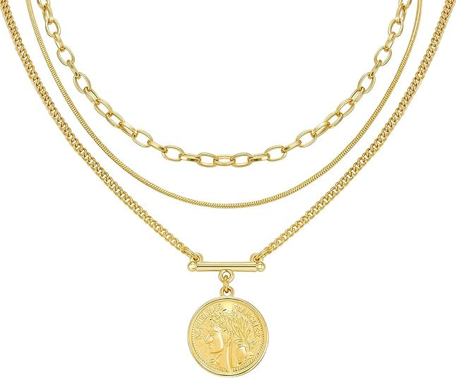 LANE WOODS Layered 18k Gold Plated Necklaces for Women - Multilayer Coin Medallion Pendant Neckla... | Amazon (US)