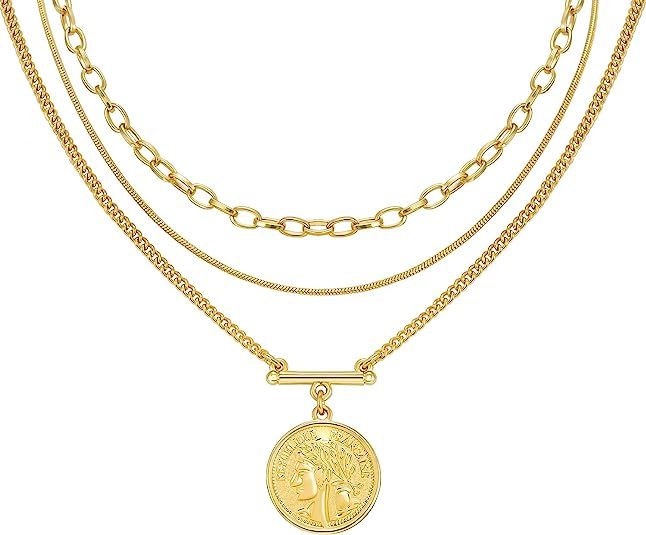 LANE WOODS Layered 18k Gold Plated Necklaces for Women - Multilayer Coin Medallion Pendant Neckla... | Amazon (US)