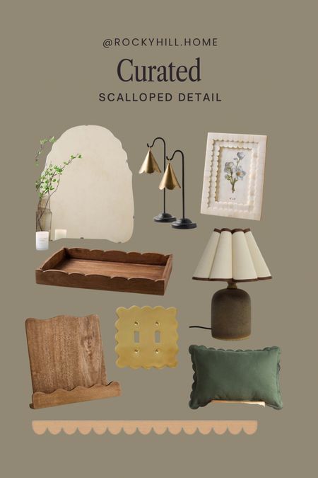 Curated Home: Using the same design detail throughout the home creates a cohesive feel. 
Scalloped molding, scalloped detail, home decor, scalloped lamp shade, cookbook stand, tablet stand, frameless mirror, bells, wooden tray

#LTKhome #LTKstyletip