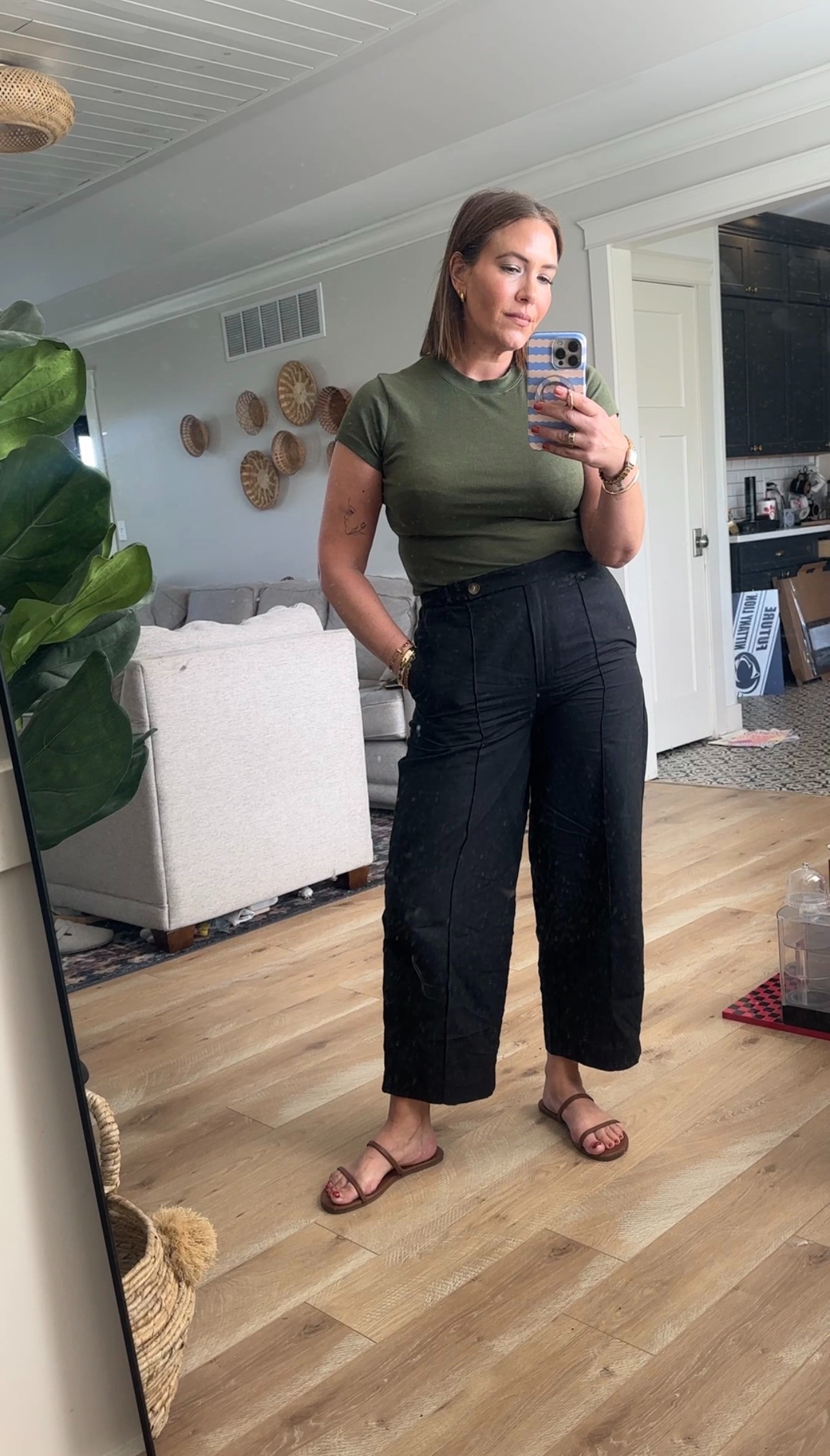 These pants are so comfortable-elastic in the back of the waist, cropped style. Wearing a medium in the top and size 6 pants 

 #LTKgrwm #LTKootd #LTKmomlife