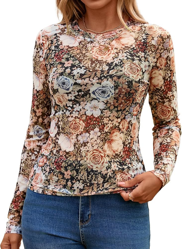 Glamaker Womens Mesh Long Sleeve Tops Lace See Through Sexy Crew Neck Eyelet Shirts Party Floral ... | Amazon (US)