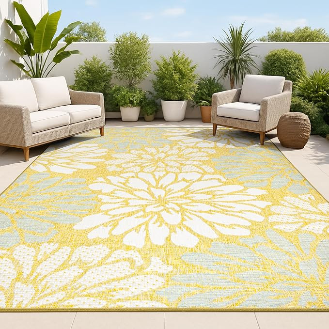 JONATHAN Y Floral Textured Weave Indoor Outdoor Area Rug 4X6 Yellow/Cream, Zinnia Modern for Back... | Amazon (US)