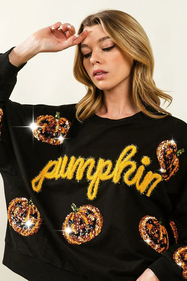 Pumpkin Fuzzy Letters Sweater With Sequin Pumpkins - Etsy | Etsy (US)