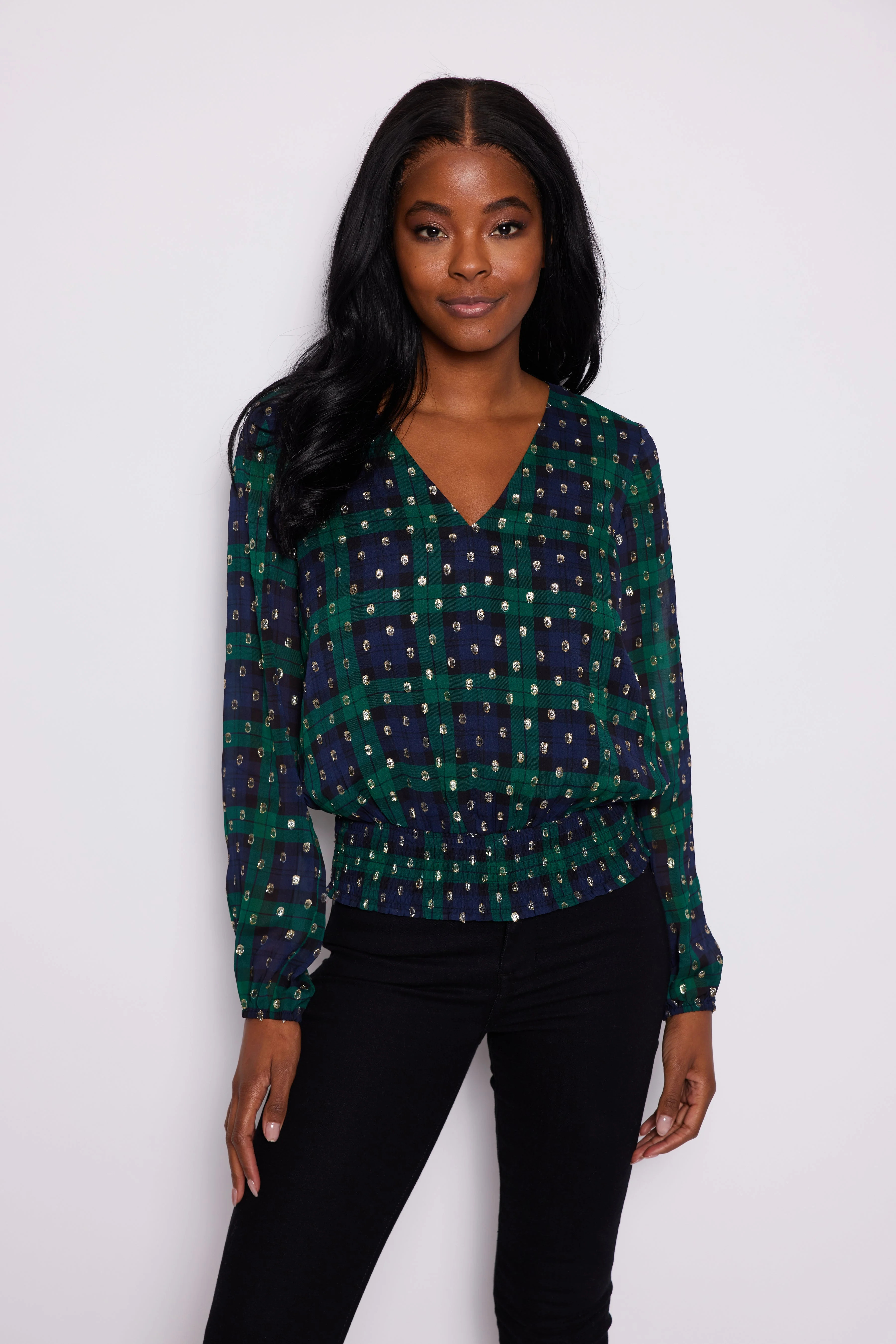 Blackwatch Lurex Clip Dot V-Neck Smocked Waist Top | Sail to Sable