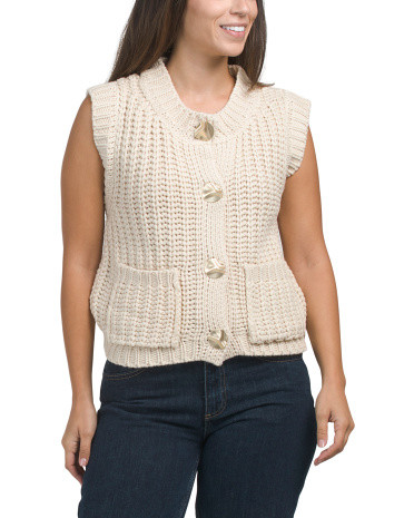 Hammered Button Oversized Sweater Vest, Acrylic/Gold | TJ Maxx