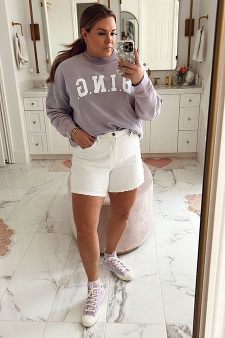 curvy casual spring mom style! wearing size xl in lilac BING sweatshirt and size 32 in white denim shorts  

#LTKSeasonal #LTKFind #LTKcurves