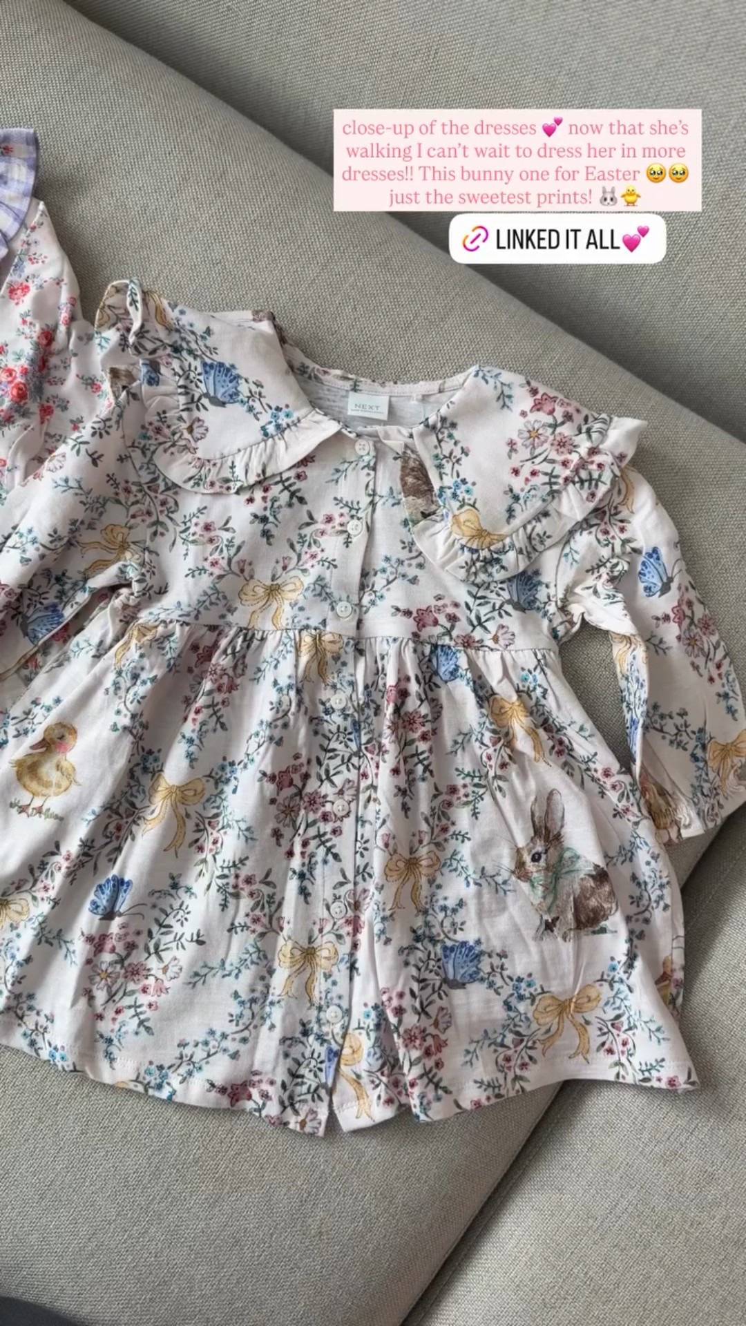 close-up of the dresses 💕 now that she’s walking I can’t wait to dress her in more dresses!! This bunny one for Easter 🥹🥹 just the sweetest prints! 🐰🐥 @nextofficial