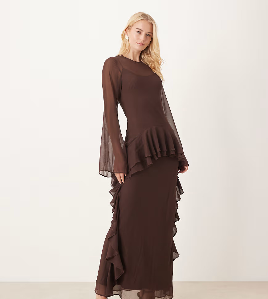 ASOS DESIGN Tall long sleeve frill hem chiffon maxi dress in chocolate-Brown | ASOS (Global)
