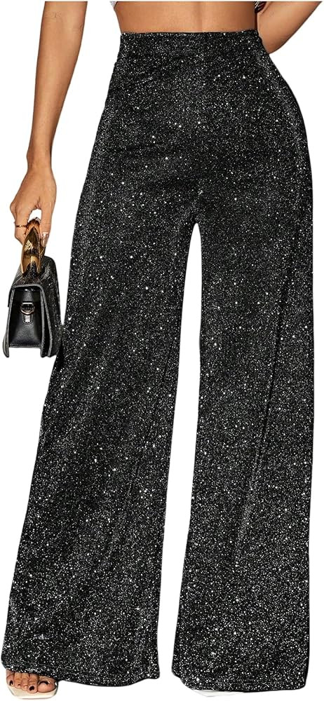 OYOANGLE Women's Sparkly High Waisted Wide Leg Pants Shiny Baggy Palazzo Trousers Party Clubwear | Amazon (US)