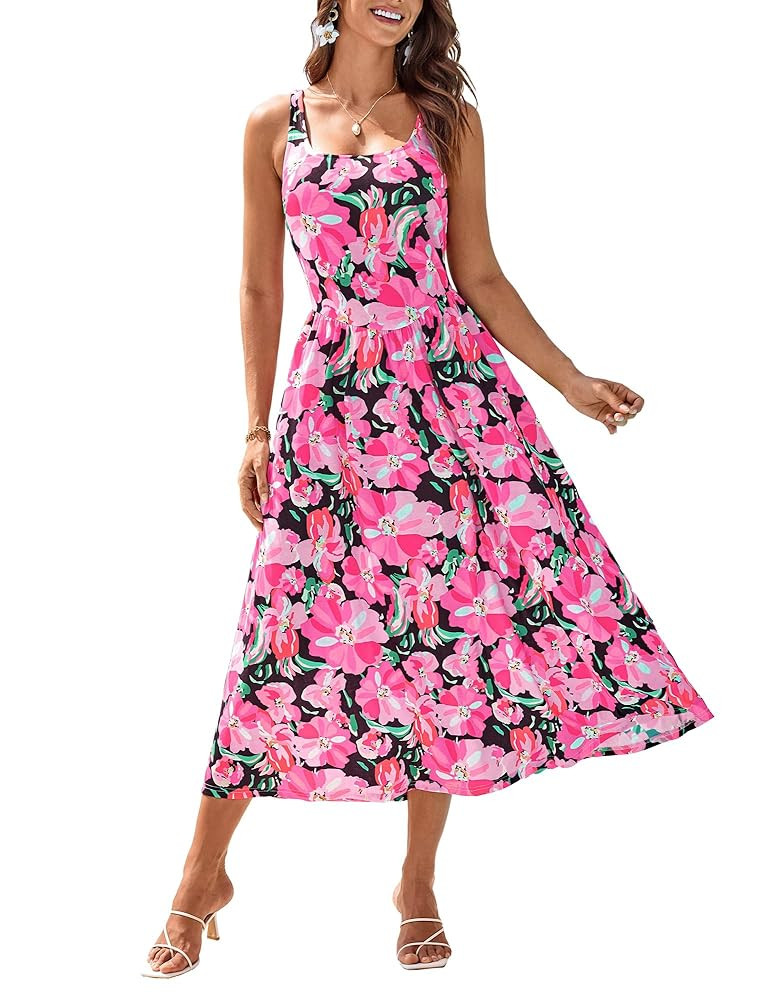 GRACE KARIN Women's Summer Square Neck Sleeveless Floral Midi Dress 2025 Boho Beach Casual Dresse... | Amazon (US)