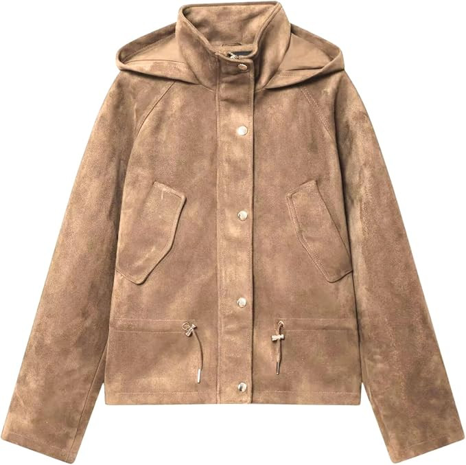 Xunger Women's Vintage Faux Suede Hooded Jacket Oversized Drawstring Waist Coat Stand Collar Casu... | Amazon (US)