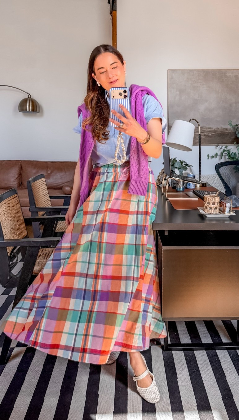 Causal work outfit and workwear outfit. Love this colorful plaid skirt, Ralph Lauren top, cable knit sweater, and the most comfy flats I own. Sharing some of my fave midi skirts and work tops ⬇️

#LTKootd #LTKSeasonal #LTKdayinmylife