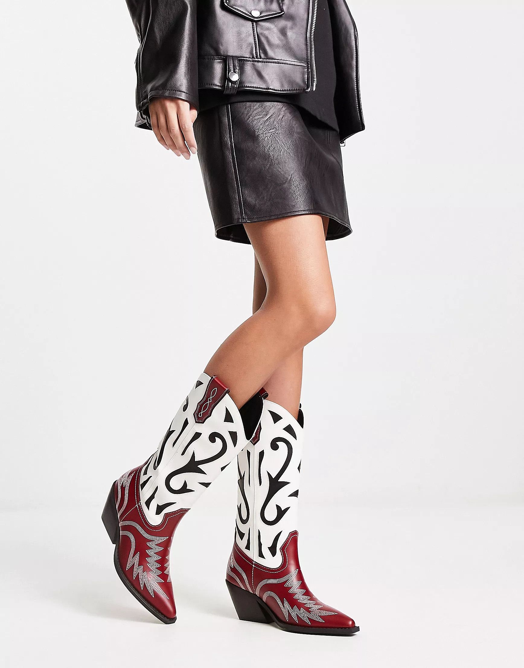 ASOS DESIGN Cupid contrast western knee boot in black and red mix | ASOS (Global)