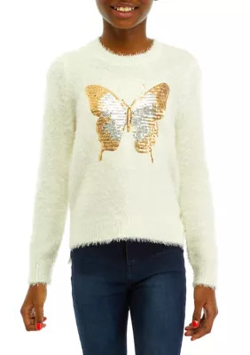 Crown & Ivy™ Girls 7-16 Eyelash Yarn Butterfly Graphic Sweater | Belk