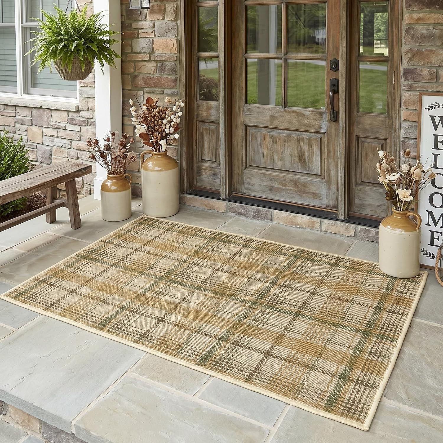 Sage Green Plaid Layering Rug for Front Porch, Khaki and Brown Checkered Door Mat Outside Entrance, Plaid Outdoor Layering Rug for Indoor Entryway Kitchen Patio Decor (27.5"x 43") | Amazon (US)