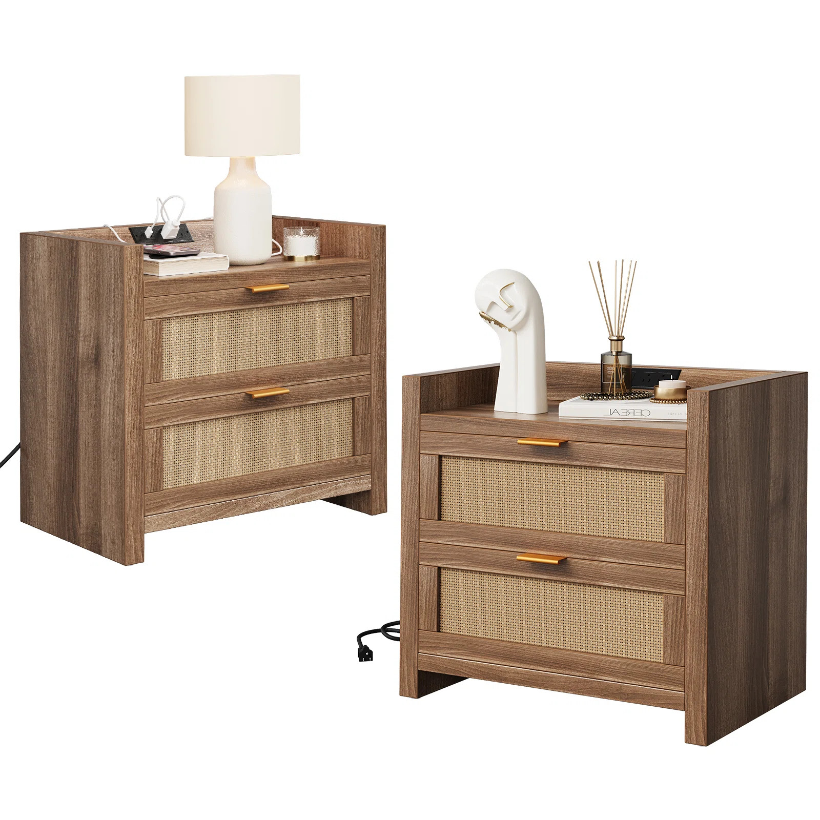 Night Stand Set of 2, Rattan Night Stand with Charger Station, 23.6" Wide Boho Bedside Table with... | Wayfair North America