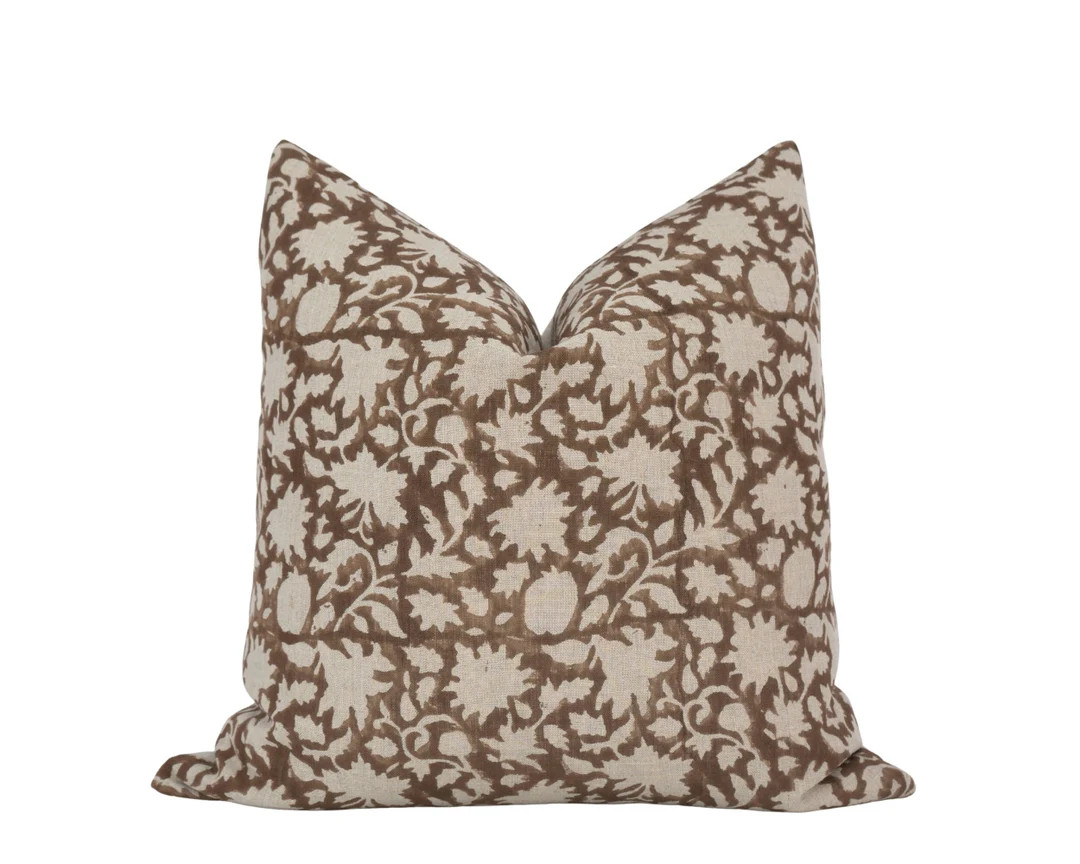 ESME || Warm Brown Floral Pillow Cover Brown Block Print Pillow Designer Linen Pillow Farmhouse F... | Etsy (US)