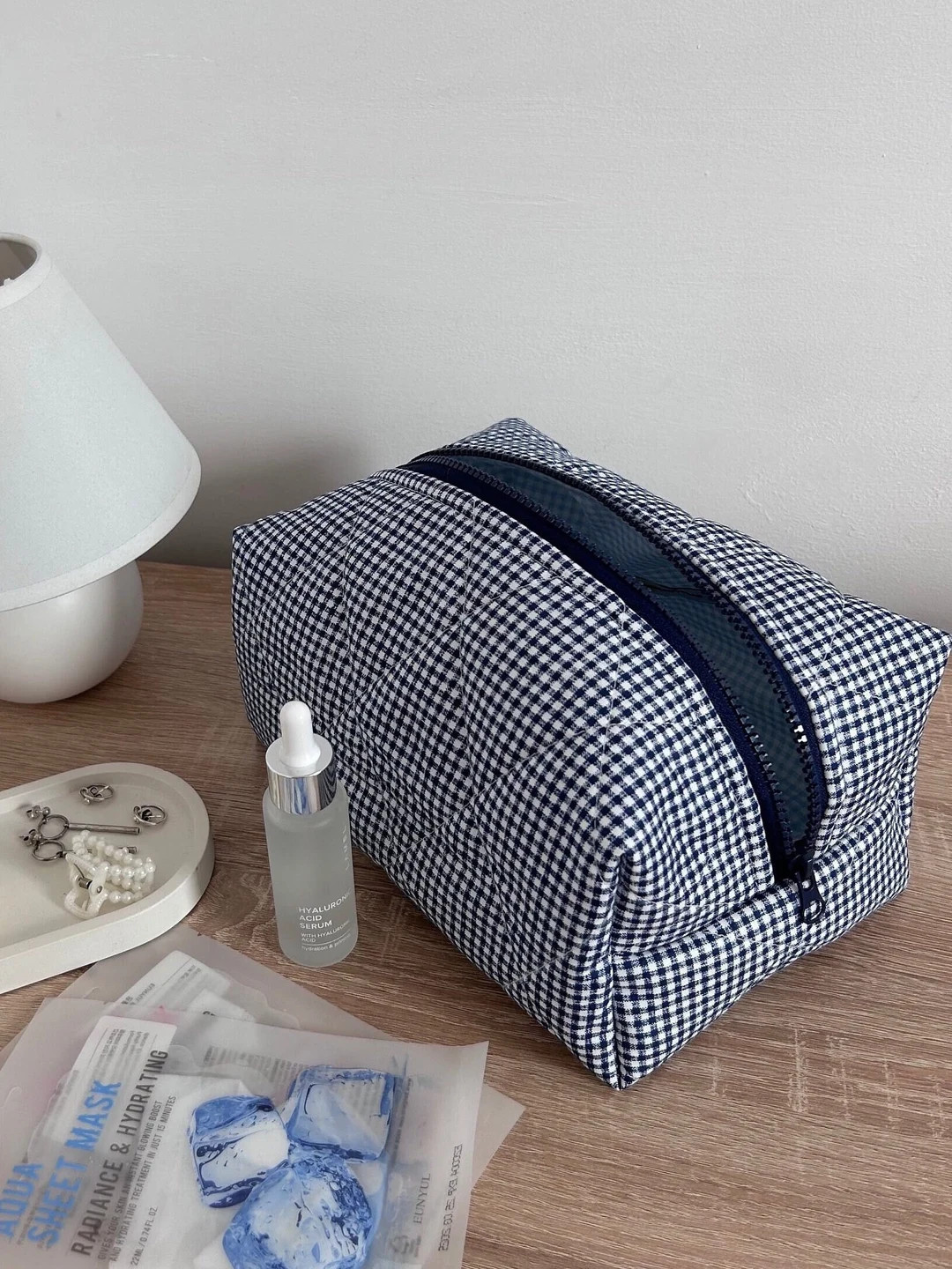 Handmade Blue Gingham Makeup Bag - Cute Quilted Cosmetic Pouch - Etsy | Etsy (US)
