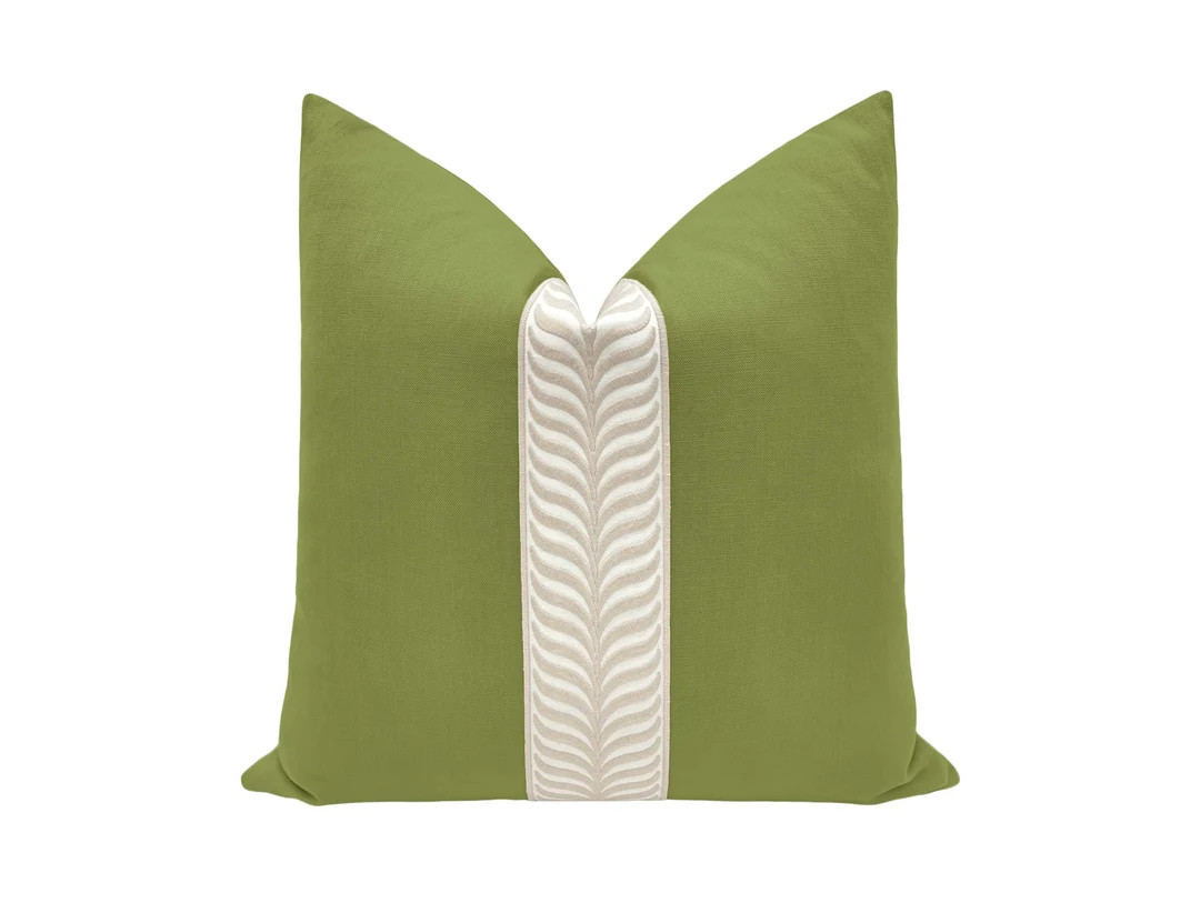 Classic Linen // Olive Trellis Trim // Natural Pillow COVER - Etsy | Etsy (US)