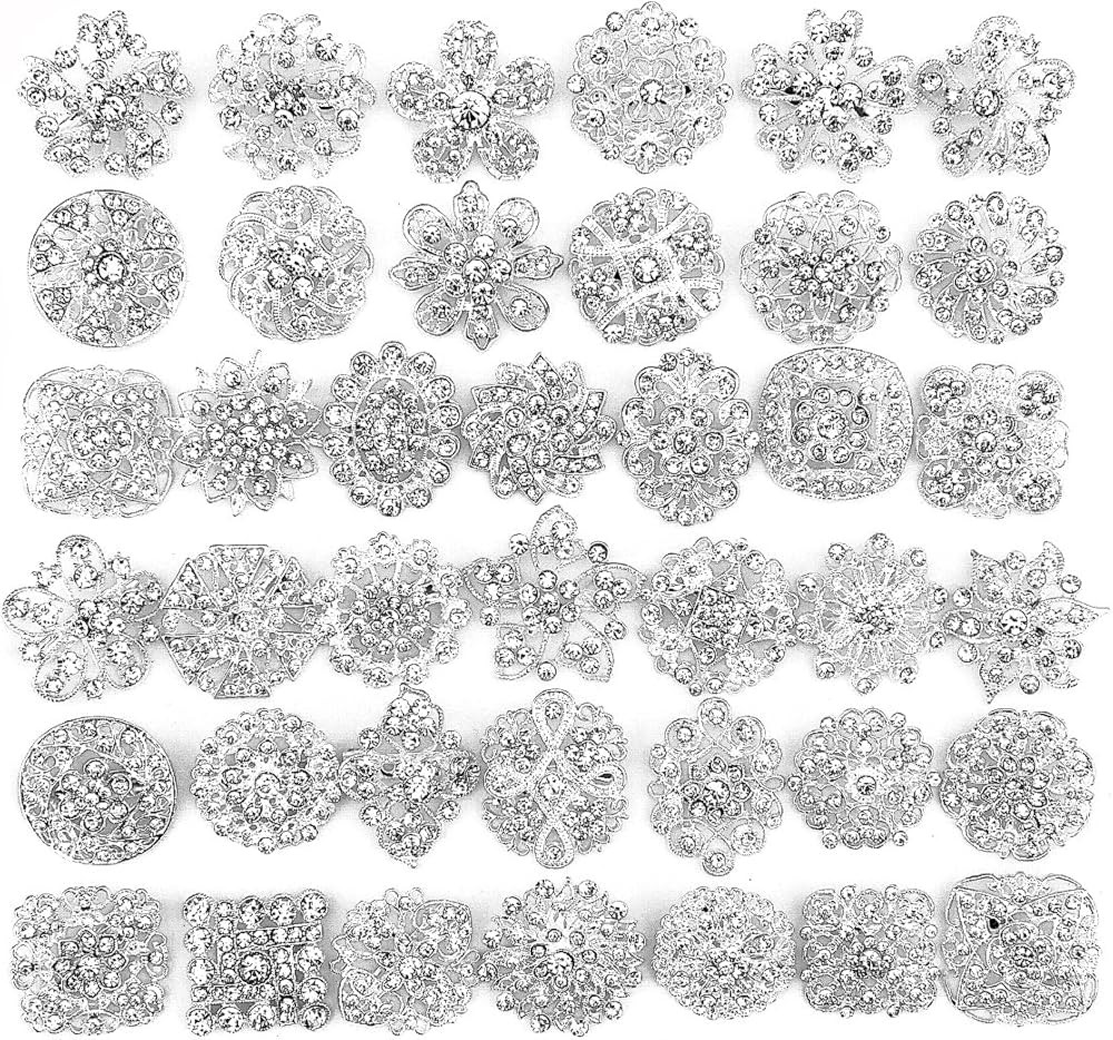 Your Perfect Gifts 40 pcs Silver Rhinestone Brooches Set Crystal Wedding Invitation Brooch Bouque... | Amazon (US)