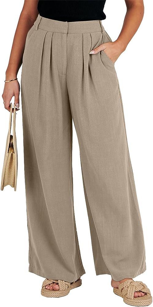 ANRABESS Women Linen Palazzo Pants Summer Wide Leg High Waist Casual Long Lounge Pant Trousers wi... | Amazon (US)