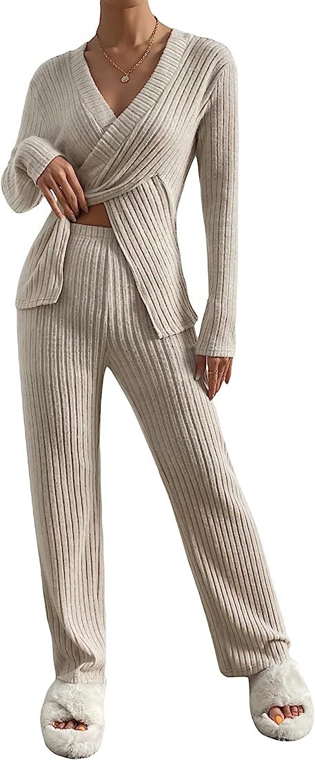 GORGLITTER Women's 2 Piece Knitted Outfits Criss Cross Long Sleeve T Shirt and Pants Set | Amazon (US)