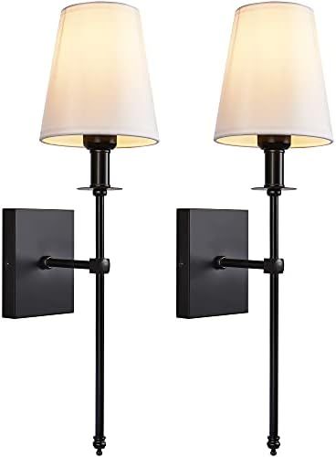 Passica Decor 2 Pack Modern Matt Black Wall Sconce Set of Two with Vertical Rod and White Fabric Fla | Amazon (US)