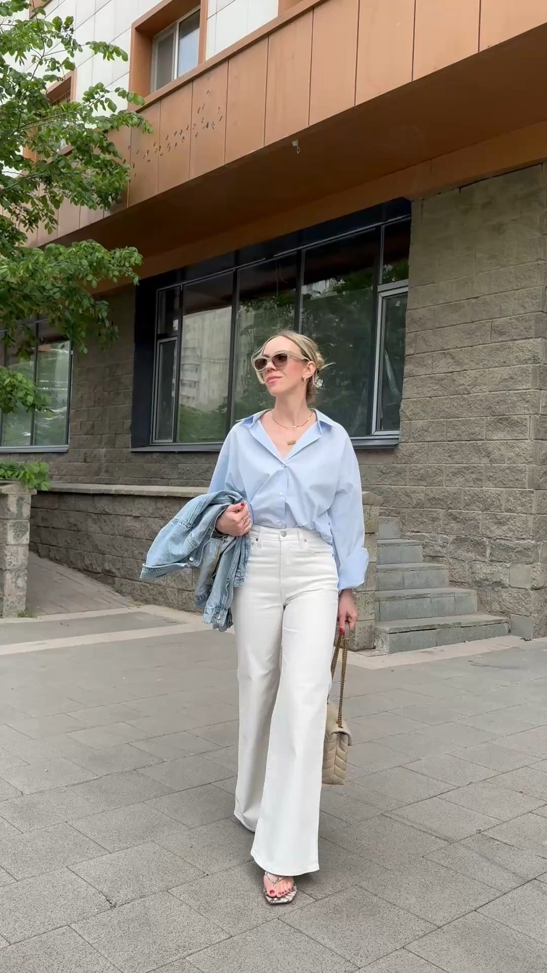 Spring outfit 2026, blue button down shirt, white flare jeans, thong kitten heel sandals 

#LTKSeasonal #LTKSaleAlert #LTKOver40