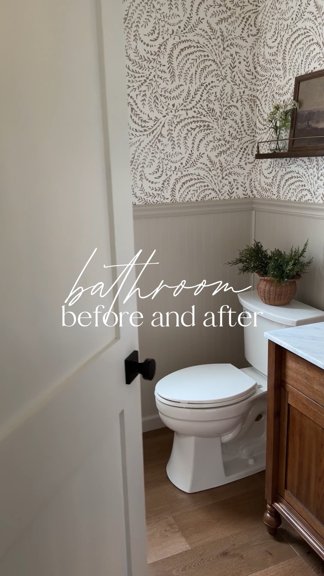 All the details on our new powder room bathroom! Paint color is Accessible Beige (Sherwin). I’ve linked the wallpaper, vanity, mirror, hardware, toilet, and finishing touches all here, too. 

#LTKHome