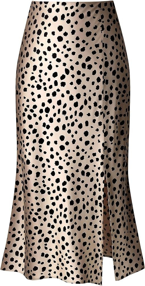 Keasmto Leopard Print Skirt for Women Cheetah High Waist Silk Satin Elasticized Skirts | Amazon (US)