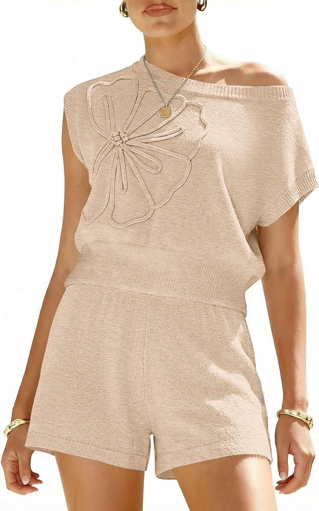 Saodimallsu Womens Off The Shoulder 2 Piece Sweater Sets Short Sleeve Floral Tops Summer Matching... | Amazon (US)