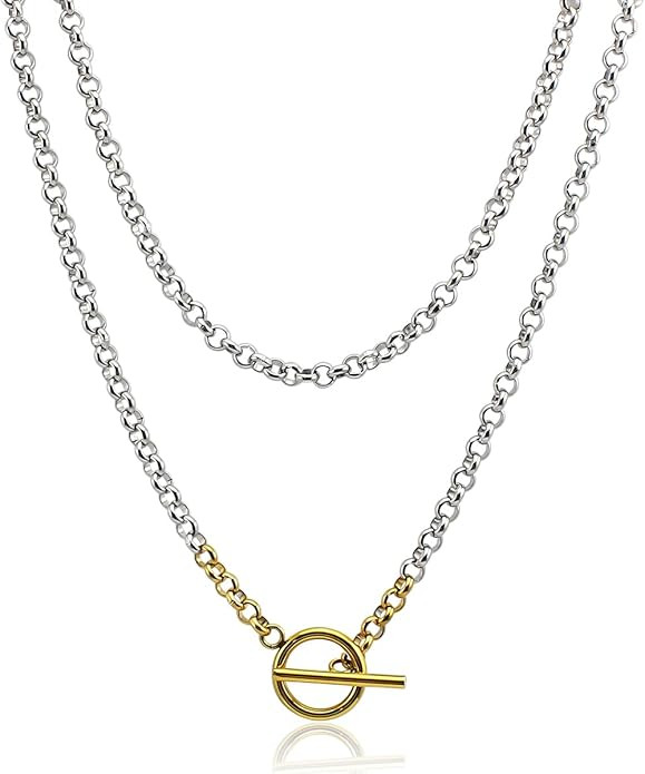 Waterproof 316L Stainless Steel Paperclip Link Two Layered Chain Chunky Necklace Choker for Women... | Amazon (US)