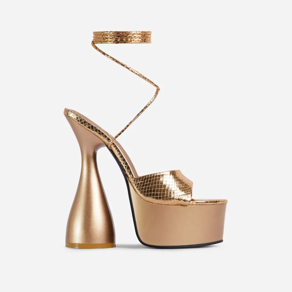 Bite-Me Lace Up Peep Toe Platform Statement Heel In Gold Snake Print Faux Leather | EGO Shoes (US & Canada)