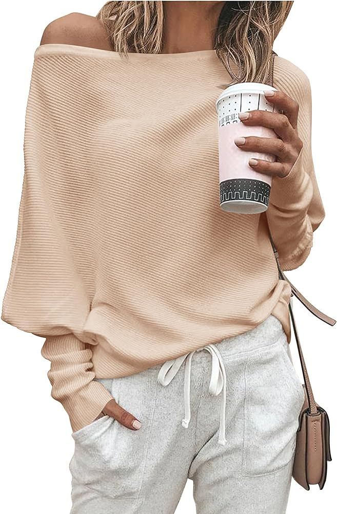 Zenlonr Women's Fall Sweaters 2026 Casual Long Batwing Sleeve Loose Off Shoulder Knit Pullovers J... | Amazon (US)