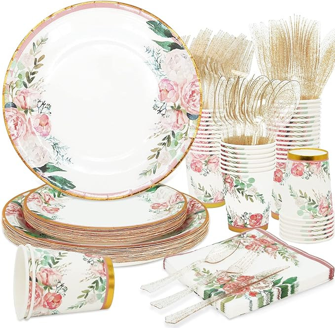 Floral Party Supplies bridal shower paper plates and Napkins Sets for 24 Guest-Floral Party Dispo... | Amazon (US)