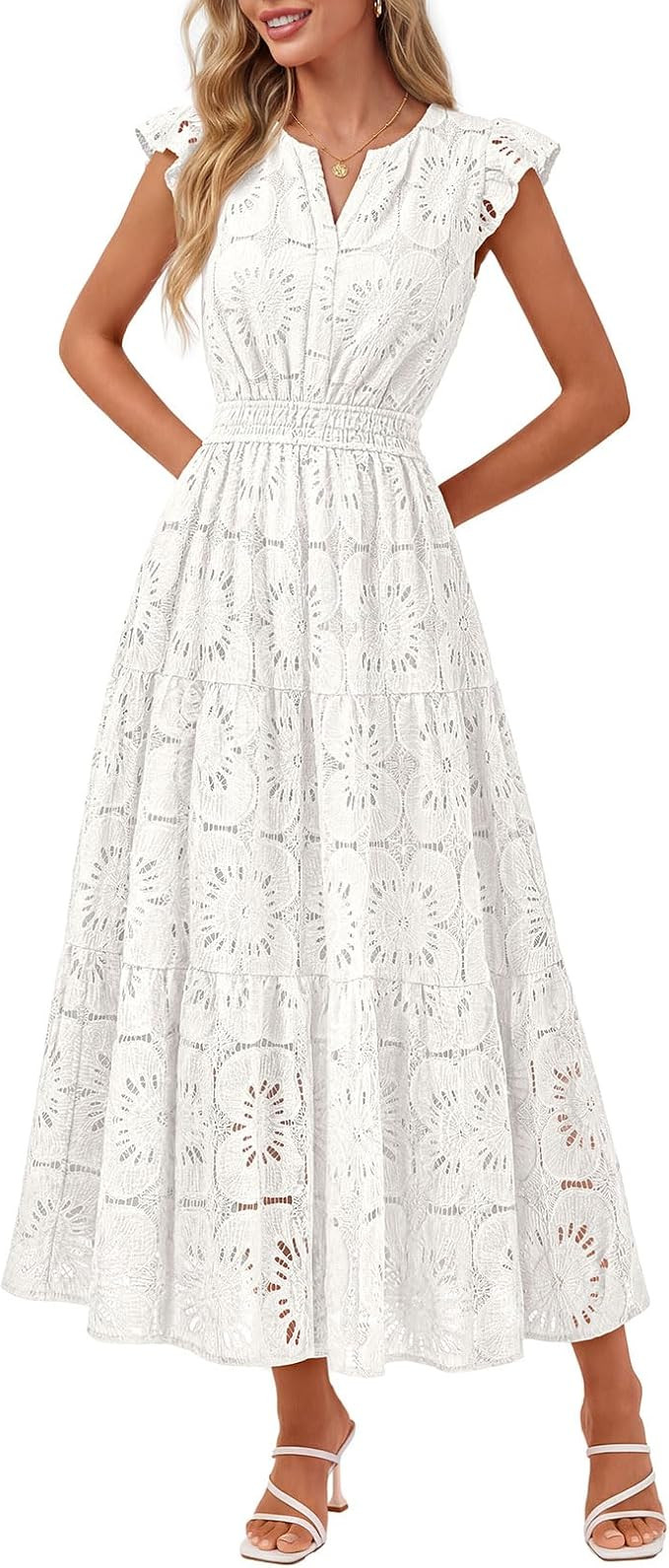 MEROKEETY Women's Summer Lace Eyelet Maxi Dress 2026 Spring Casual Boho Flutter Sleeve Tiered Flo... | Amazon (US)