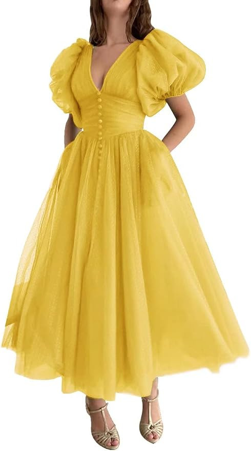 Xijun Puffy Sleeve Prom Dresses for Women Dotted Tulle V Neck Formal Evening Party Gowns Tea Leng... | Amazon (US)