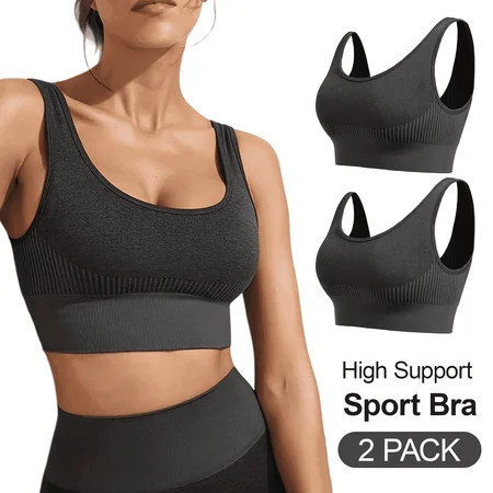 WQD 2 Pack Women’s Sports Bras High Support Wirefree Seamless Workout Bra Padded High Impact Yoga Bra for Running Gym Fitness Training | Walmart (US)