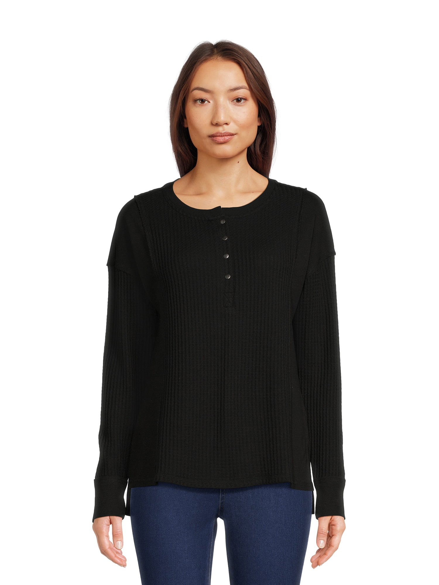 Time and Tru Women's Mixed Henley Tee with Long Sleeves, Sizes S-XXXL | Walmart (US)