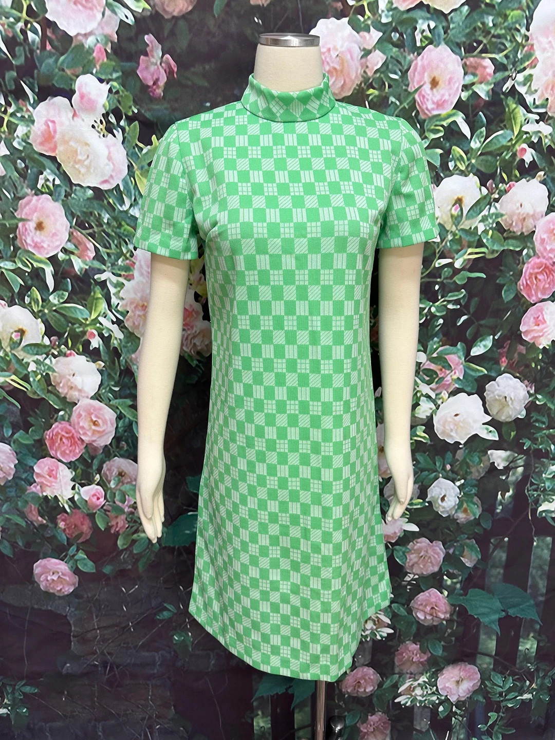 60s Mod Green Check Polyester Shift Dress - Etsy | Etsy (US)