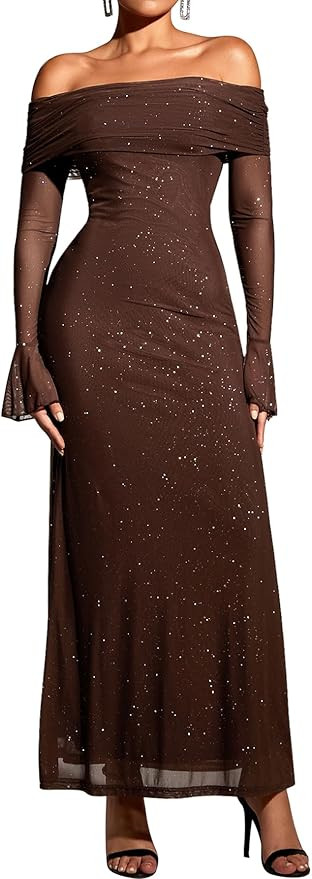 KUTUMAI Women Off Shoulder Bodycon Maxi Dress Long Sleeve Mesh Ruched Party Formal Wedding Guest ... | Amazon (US)