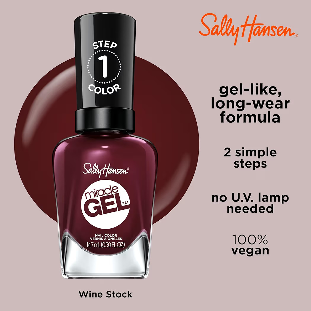 Sally Hansen Miracle Gel Salon Quality Nail Polish | Gel-Like Formula, Two-Step System, No UV Light Needed, Long Lasting | Opaque, Glossy | 479 Wine Stock | Wine Red Nail Color | Amazon (US)