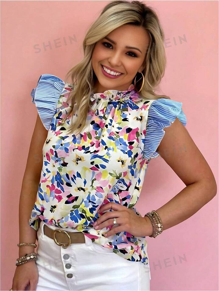 SHEIN VCAY Floral Print Collides With Stripes Ruffle Trim Decorated Casual Shirt For Summer | SHEIN