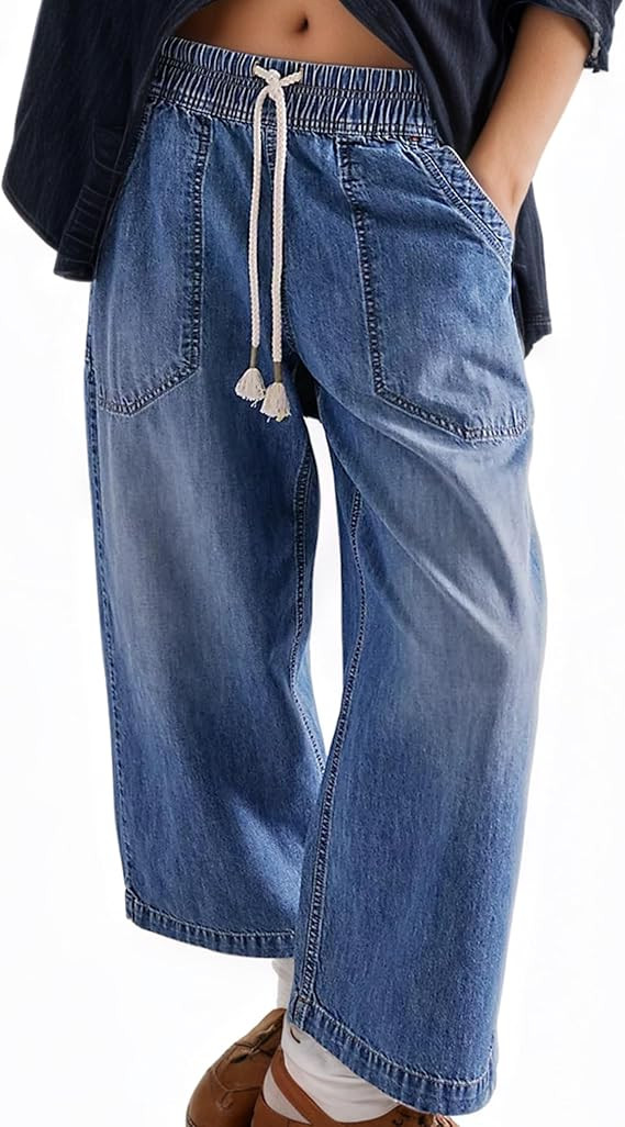 Womens Mid Rise Wide Leg Jeans Drawstring Ankle Baggy Casual Elastic Fashion Boyfriend Denim Pant... | Amazon (US)