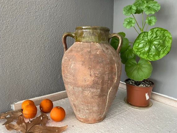 Vintage Decor Old Clay Pot, Aged and antiqued clay vessel / vase / pot 9.8” x 14.2” x 4'' | Etsy (US)