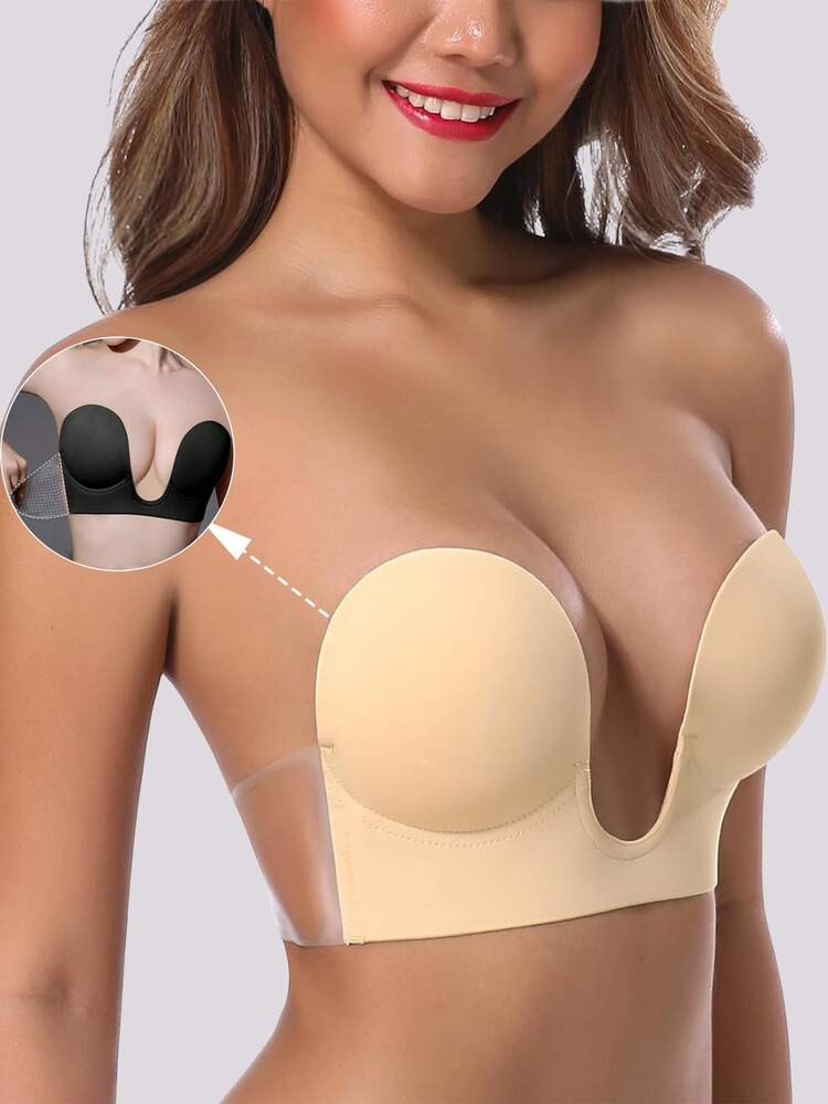 1pc U-Shape Self-Adhesive Bra For Women, Single-Sided Adhesive, Invisible & Seamless, Lightweight & Comfortable, Side Support, Strapless Lift, Solid Self-Adhesive Bra, Includes 10pcs Non-Woven Flowers | SHEIN