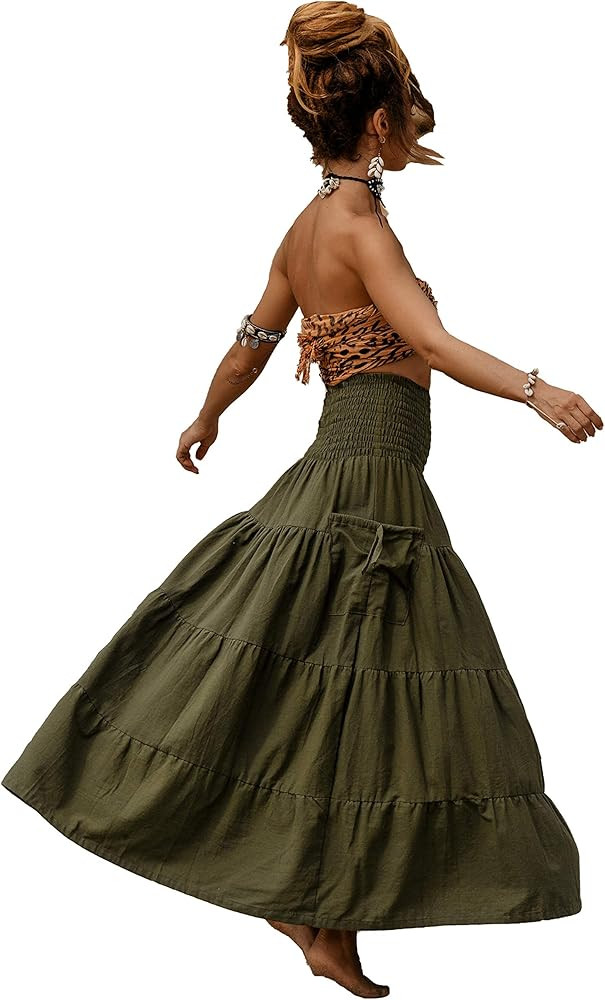 Thaluta Maxi Boho Skirt Long Pockets Cotton Hippie Bohemian Elastic Waist Gypsy Skirt Olive at Amazo | Amazon (US)