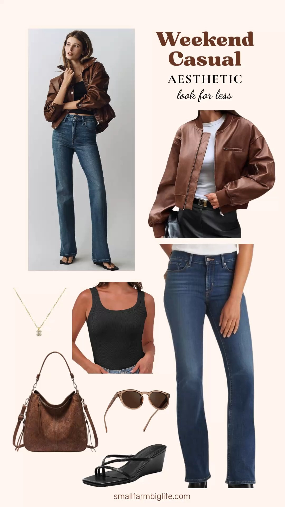Love the weekend casual aesthetic but not the designer price tag? I found all the pieces on Amazon for so much less! From classic Levi's bootcut jeans and a cropped faux leather bomber jacket to a scoop neck tank, slip on wedge sandals, a gorgeous brown floral hobo bag, round polarized sunglasses, and a dainty diamond pendant necklace, you can get the whole effortless and polished look for a fraction of the cost. Linking everything below! 

 #LTKgrwm #LTKootd #LTKOver40