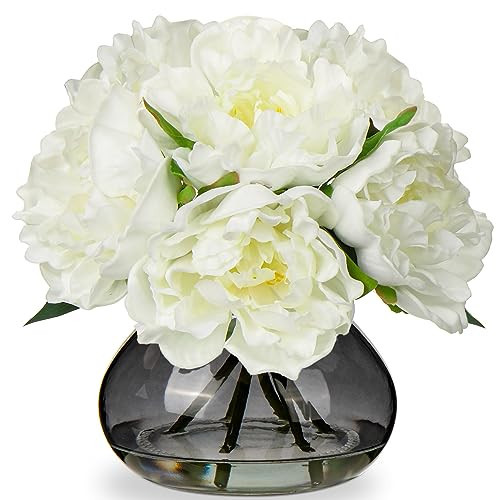 Hollyone Peonies Artificial Flowers with Vase White Peony Fake Flowers Faux Silk Flower Arrangements in Glass Vase with Faux Water Faux Floral Bulk Bouquet for Home Office Table Centerpiece Decoration | Amazon (US)